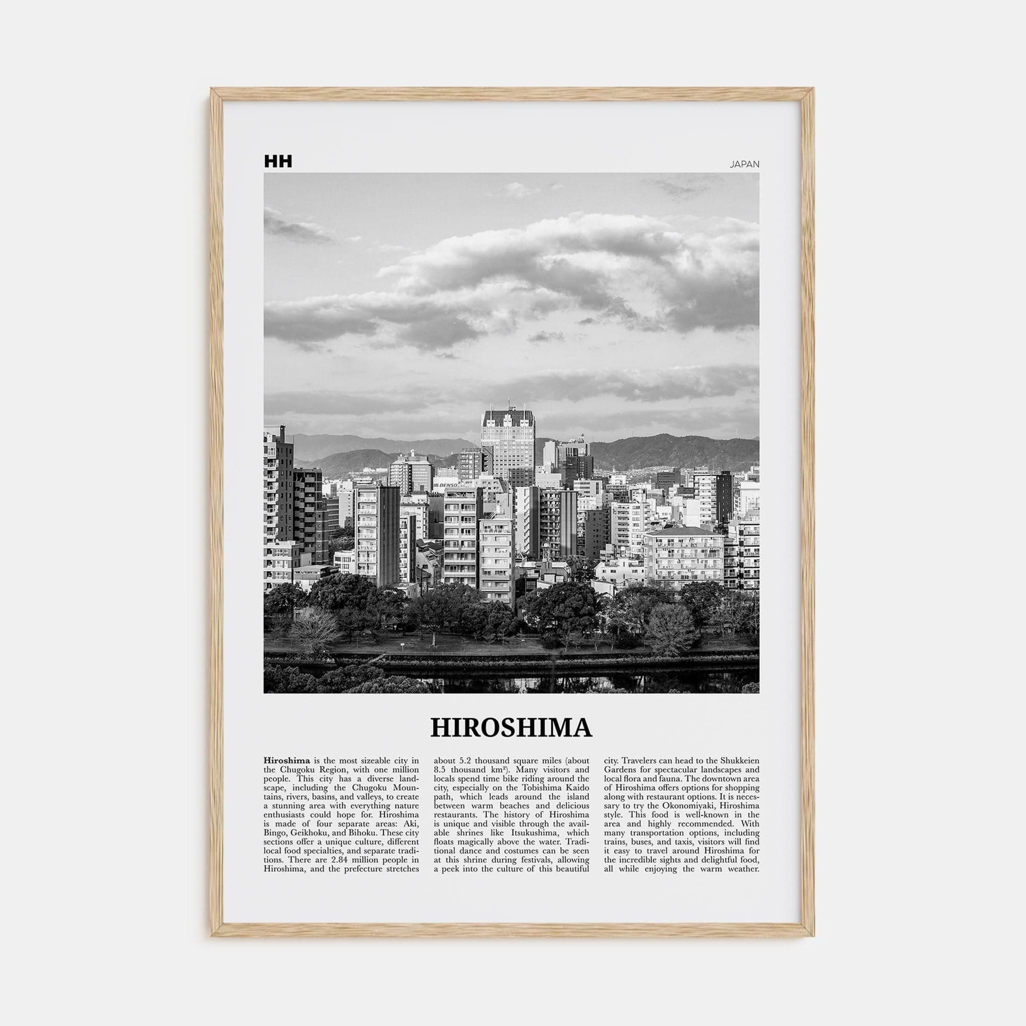 Hiroshima Poster Natural Wood / 8x12 in Nbourhood Travel B&W Poster