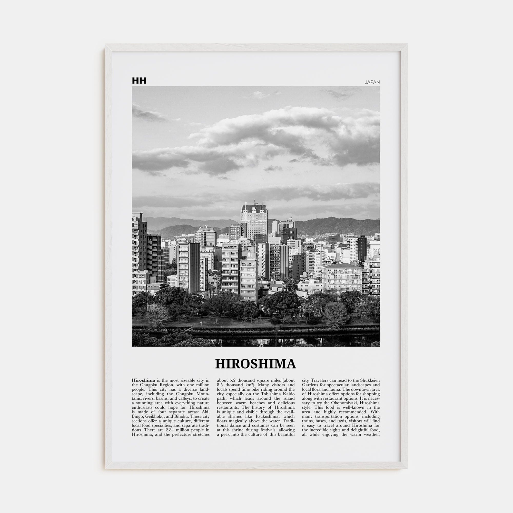 Hiroshima Poster White Wood / 8x12 in Nbourhood Travel B&W Poster