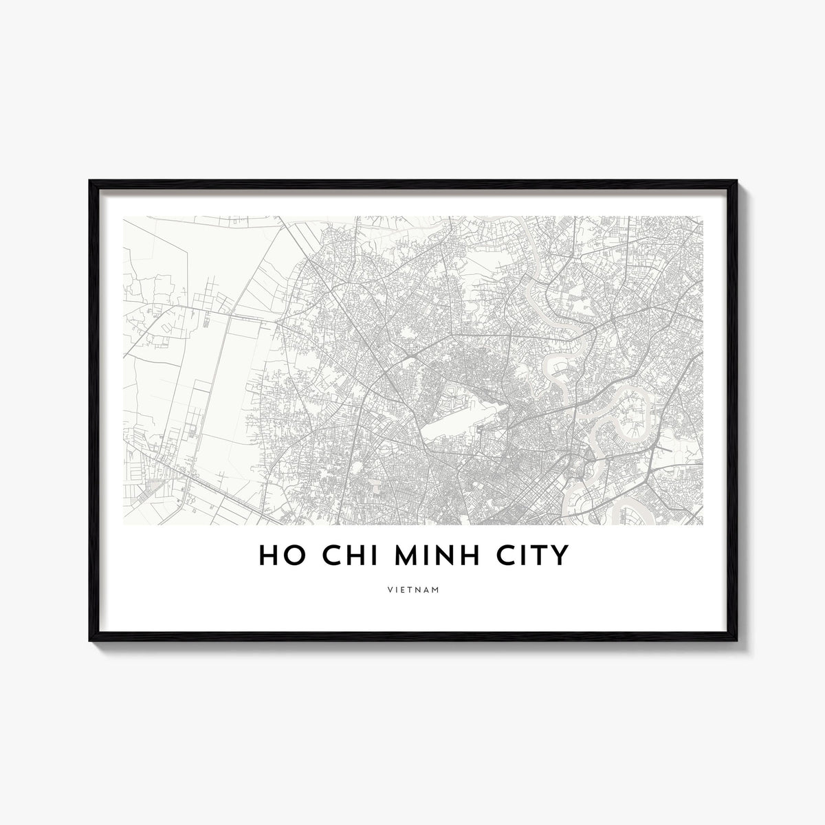Ho Chi Minh City black & white map poster of Vietnam – horizontal wall art, unframed print shown in interior mockup
