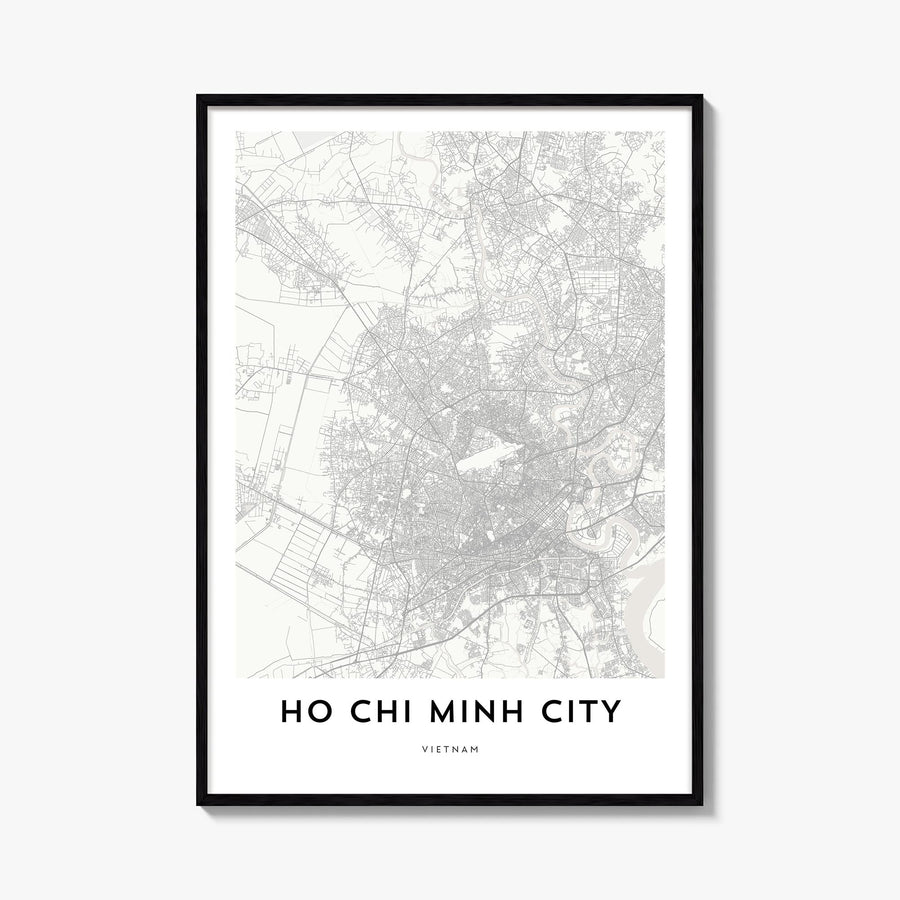 Ho Chi Minh City black & white map poster of Vietnam – vertical wall art, unframed print shown in interior mockup