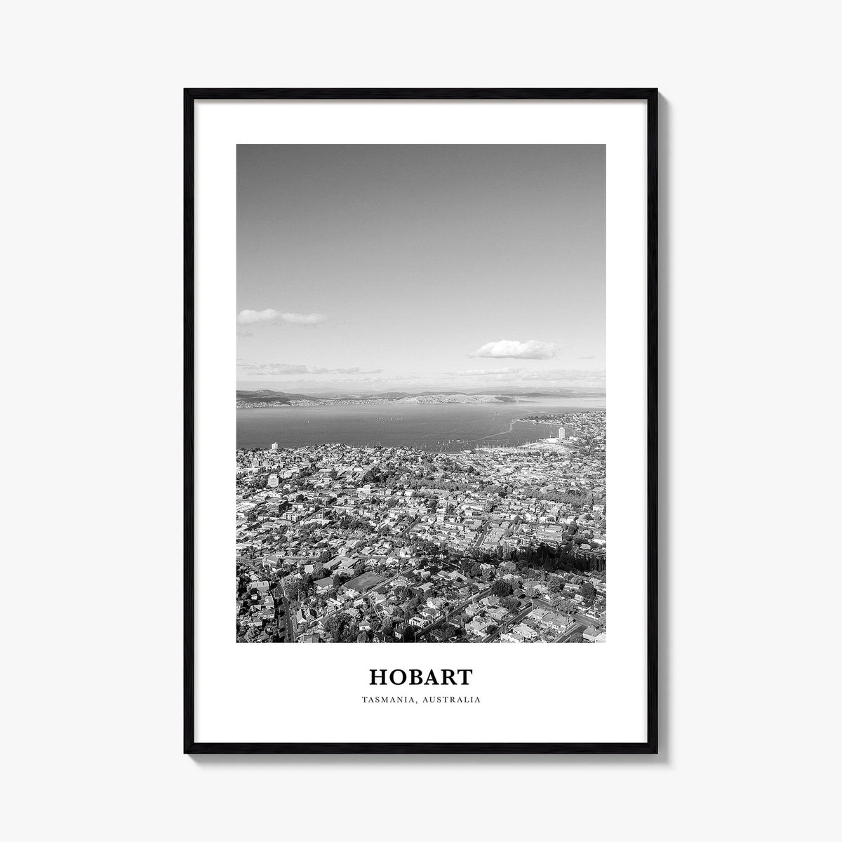 Hobart black & white classic poster of Tasmania, Australia – vertical wall art, unframed print shown in interior mockup