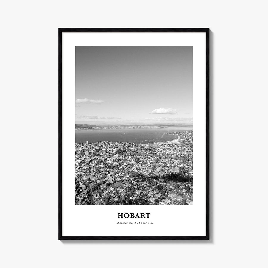 Hobart black & white classic poster of Tasmania, Australia – vertical wall art, unframed print shown in interior mockup