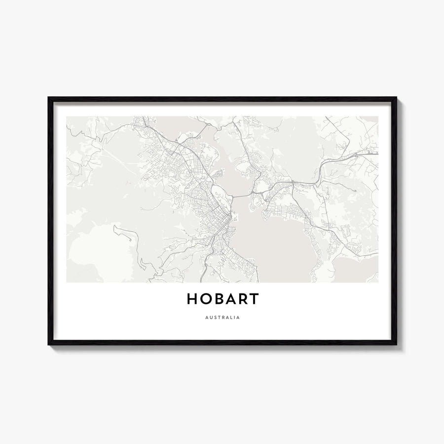 Hobart black & white map poster of Tasmania, Australia – horizontal wall art, unframed print shown in interior mockup