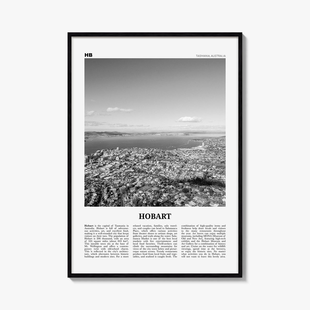 Hobart black & white newspaper poster of Tasmania, Australia – vertical wall art, unframed print shown in interior mockup