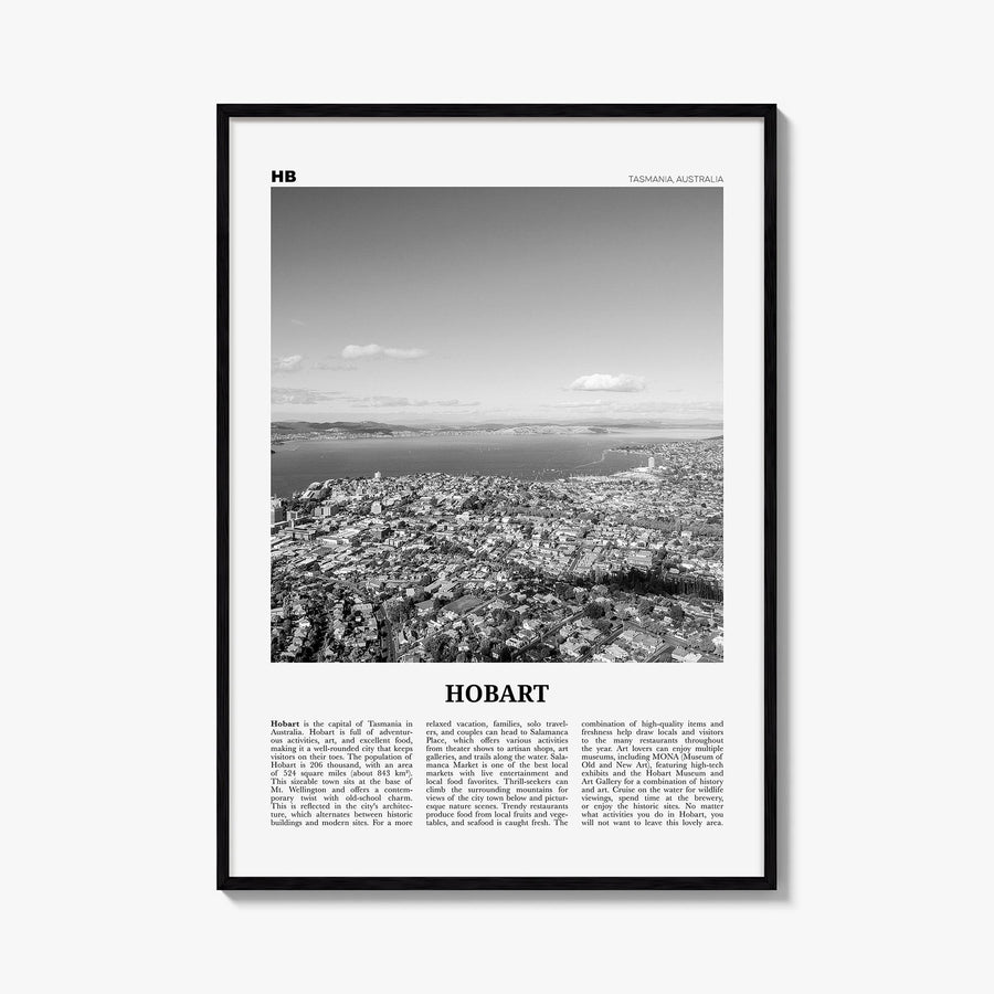 Hobart black & white newspaper poster of Tasmania, Australia – vertical wall art, unframed print shown in interior mockup