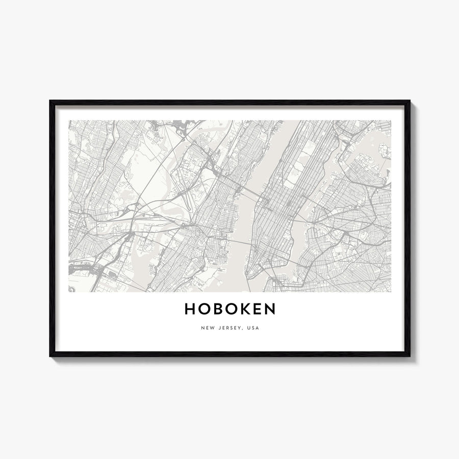 Hoboken black & white map poster of New Jersey, USA – horizontal wall art, unframed print shown in interior mockup