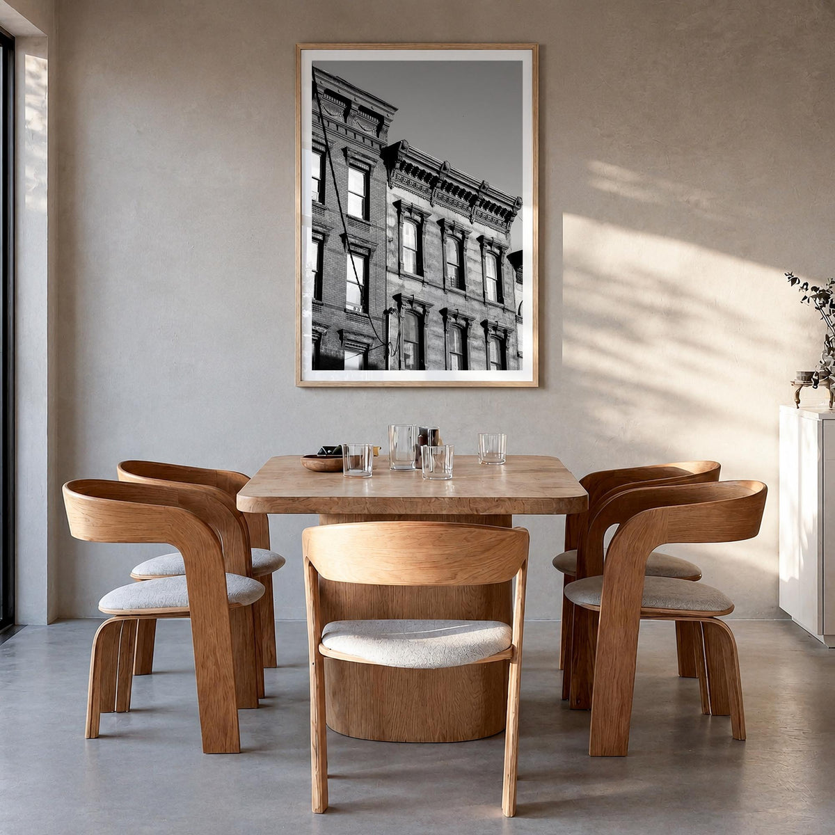 Hoboken black & white photo poster of New Jersey, USA – vertical wall art in natural wood frame with white border, hanging on