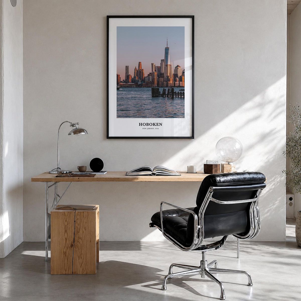 Hoboken colorful classic poster of New Jersey, USA – vertical wall art in black wood frame, hanging on wall