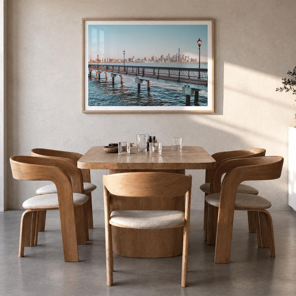 Hoboken colorful photo poster of New Jersey, USA – horizontal wall art in natural wood frame with white border, hanging on wa