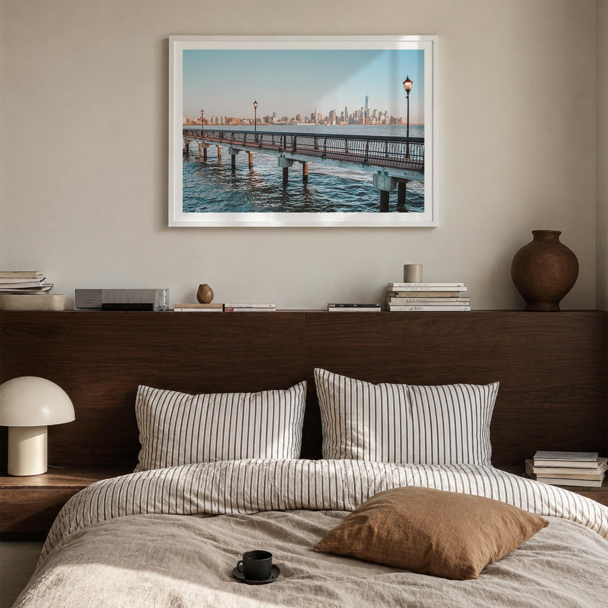 Hoboken colorful photo poster of New Jersey, USA – horizontal wall art in white wood frame with white border, hanging on wall