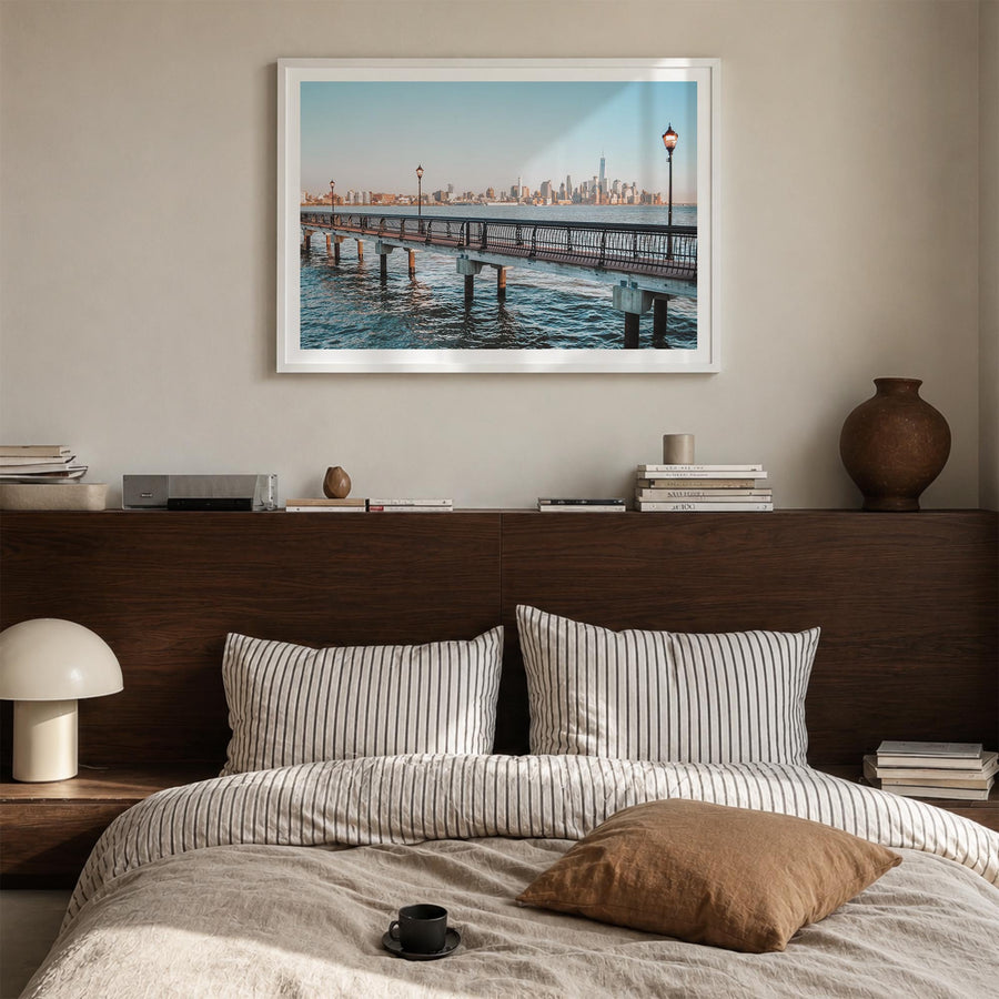 Hoboken colorful photo poster of New Jersey, USA – horizontal wall art in white wood frame with white border, hanging on wall