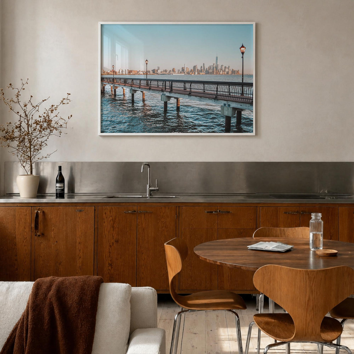 Hoboken colorful photo poster of New Jersey, USA – horizontal wall art in white wood frame, hanging on wall