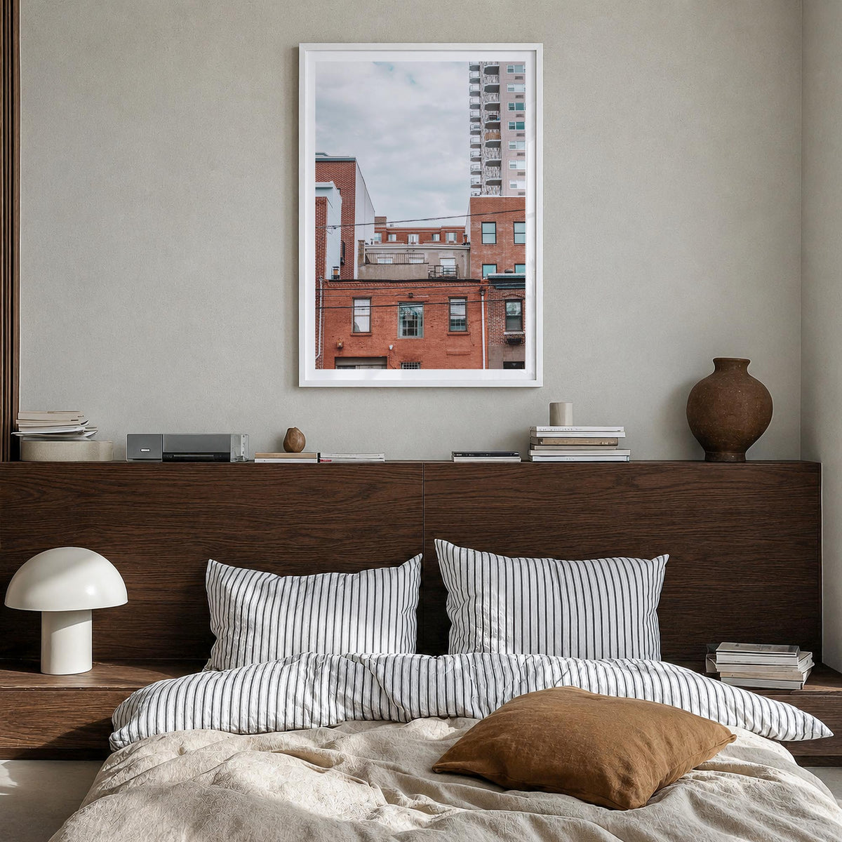 Hoboken no. 1 colorful photo poster of New Jersey, USA – vertical wall art in white wood frame with white border, hanging on 