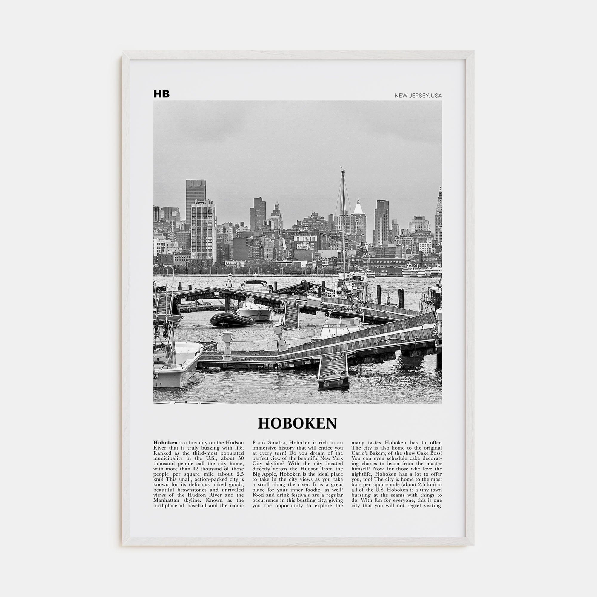 Hoboken No 1 Poster White Wood / 8x12 in Nbourhood Travel B&W Poster