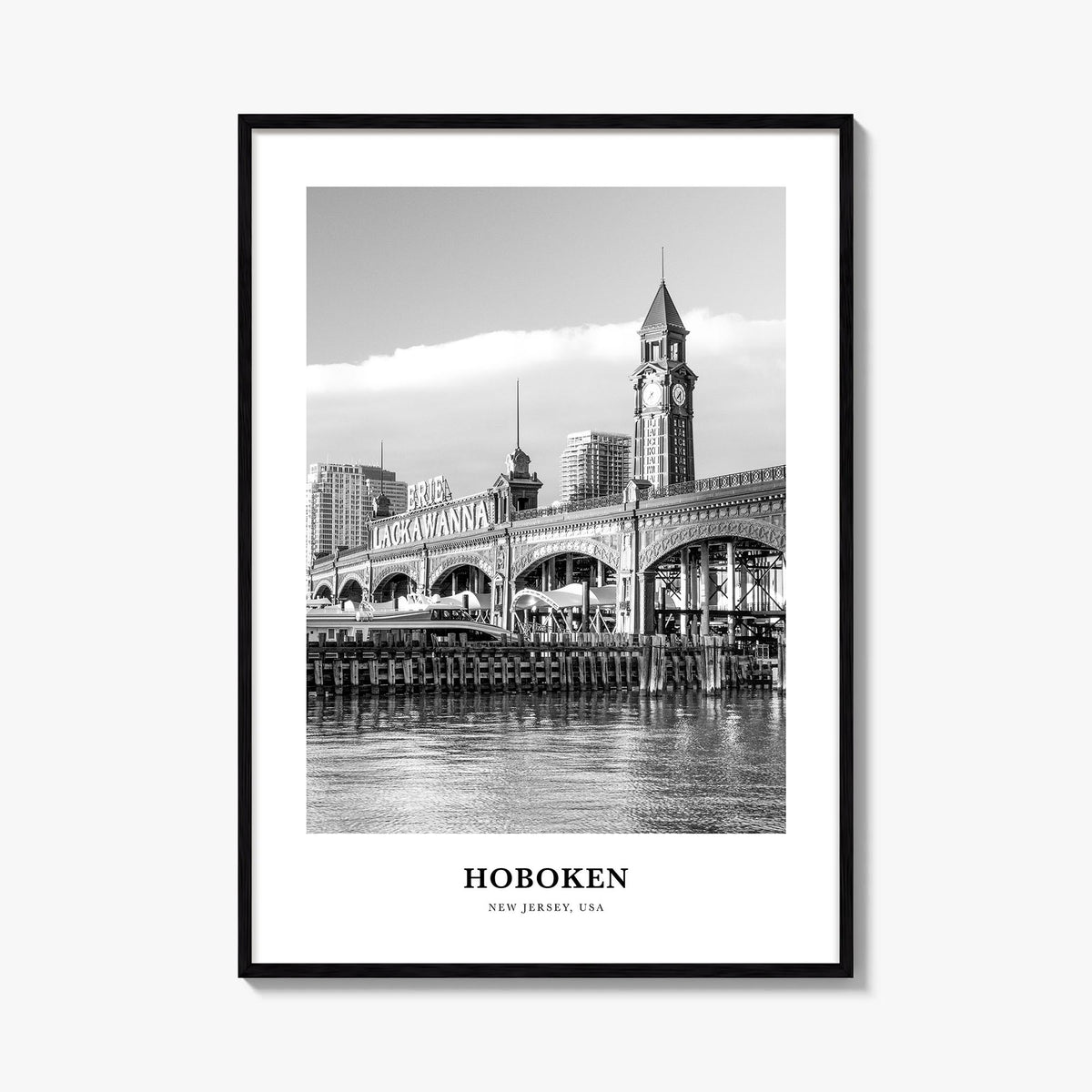 Hoboken no. 2 black & white classic poster of New Jersey, USA – vertical wall art, unframed print shown in interior mockup