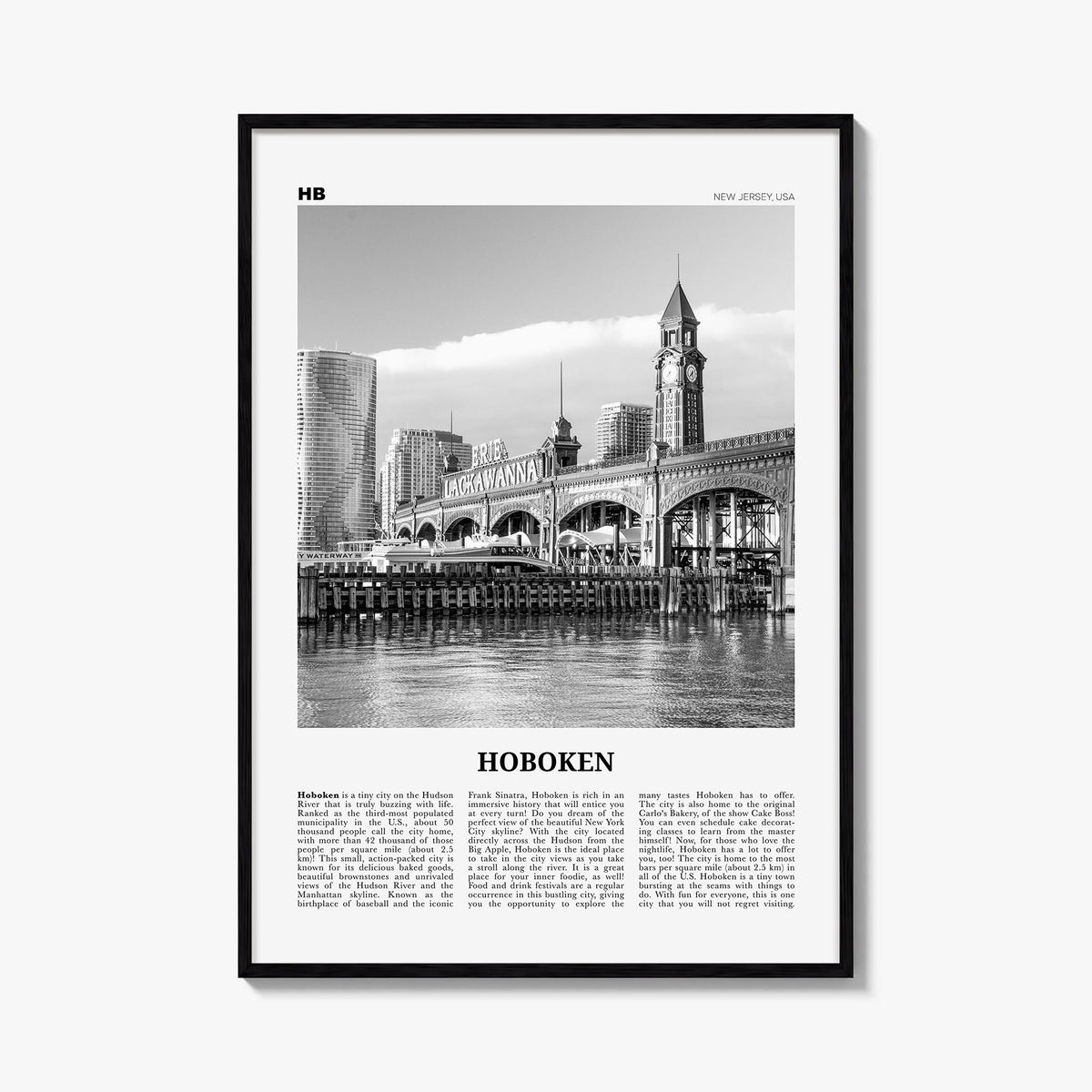Hoboken no. 2 black & white newspaper poster of New Jersey, USA – vertical wall art, unframed print shown in interior mockup