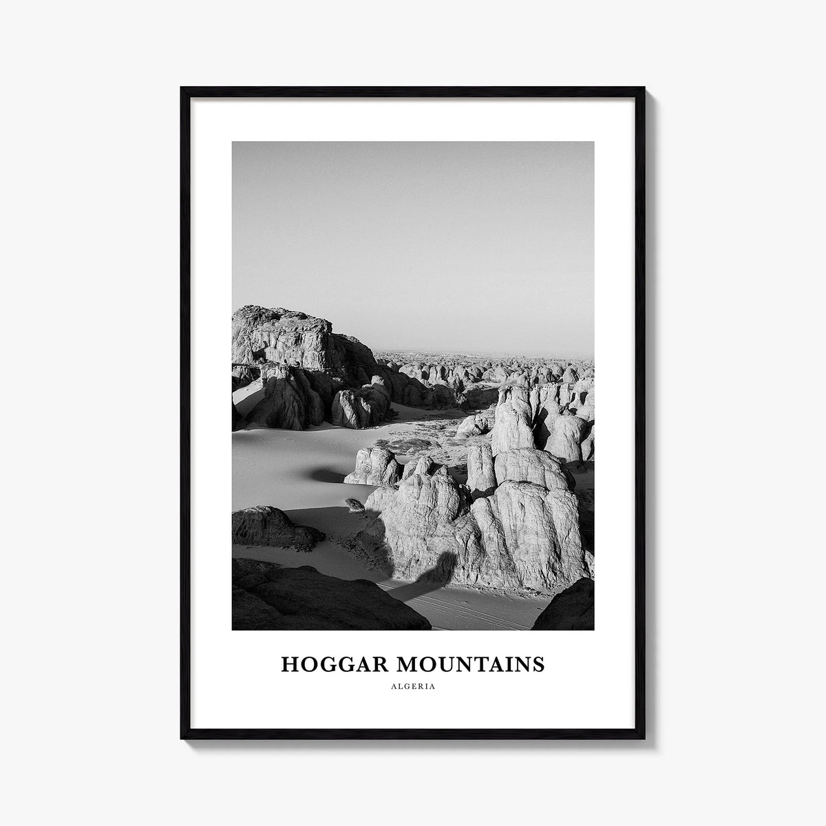 Hoggar Mountains black & white classic poster of Algeria – vertical wall art, unframed print shown in interior mockup