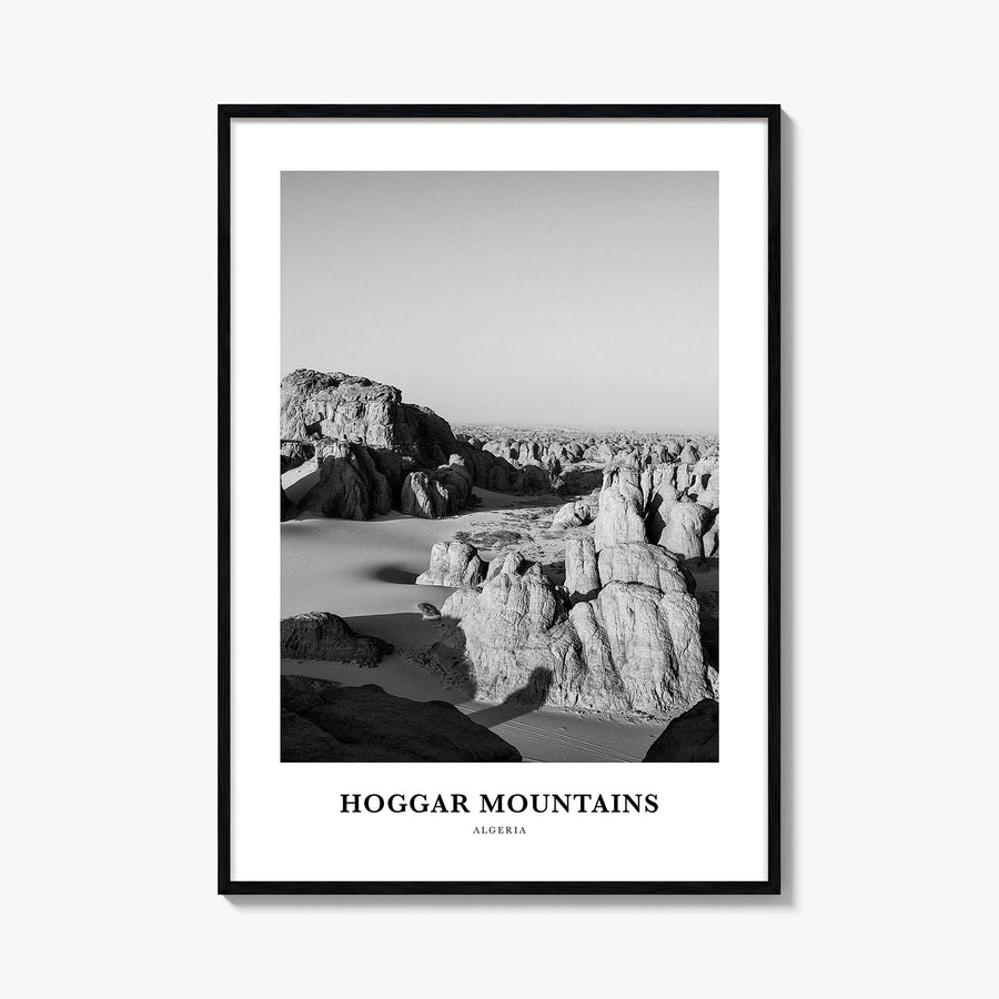 Hoggar Mountains black & white classic poster of Algeria – vertical wall art, unframed print shown in interior mockup