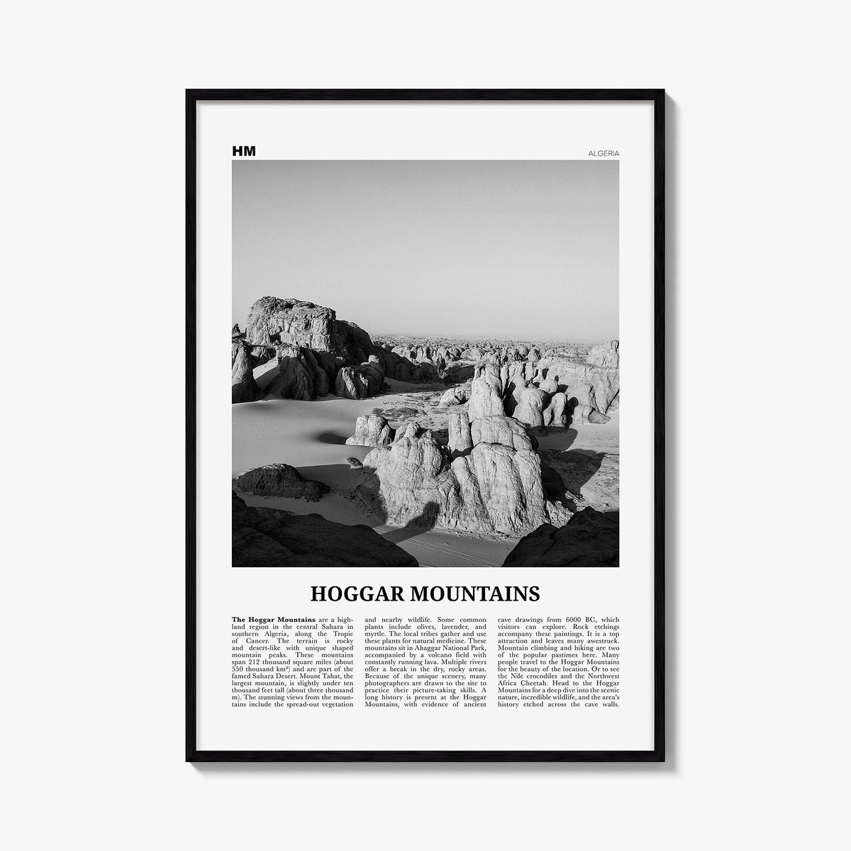 Hoggar Mountains black & white newspaper poster of Algeria – vertical wall art, unframed print shown in interior mockup