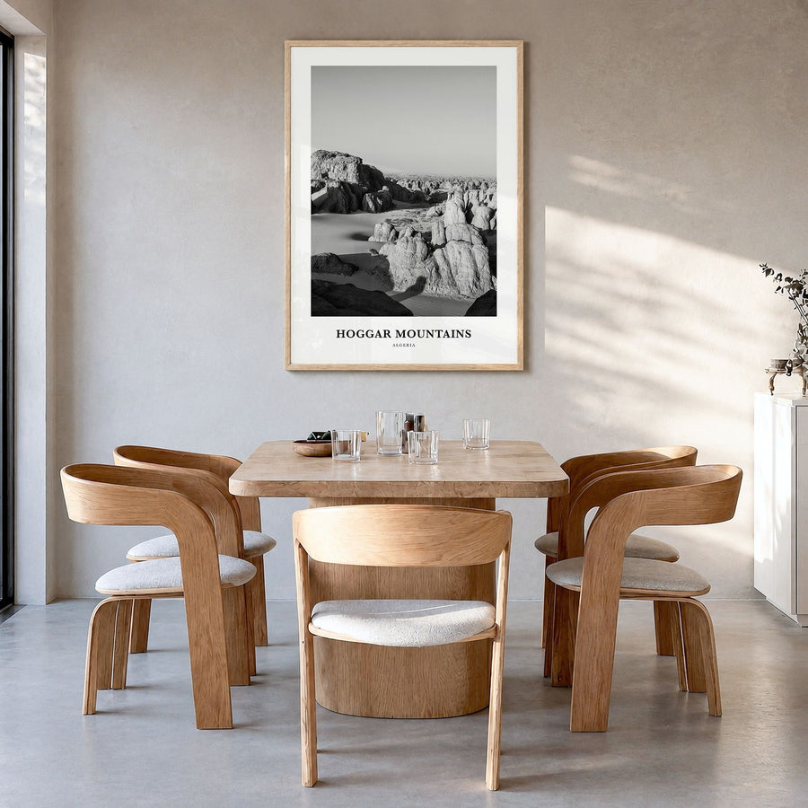 Hoggar Mountains Classic Poster in a natural wood frame, hanging in a dining room