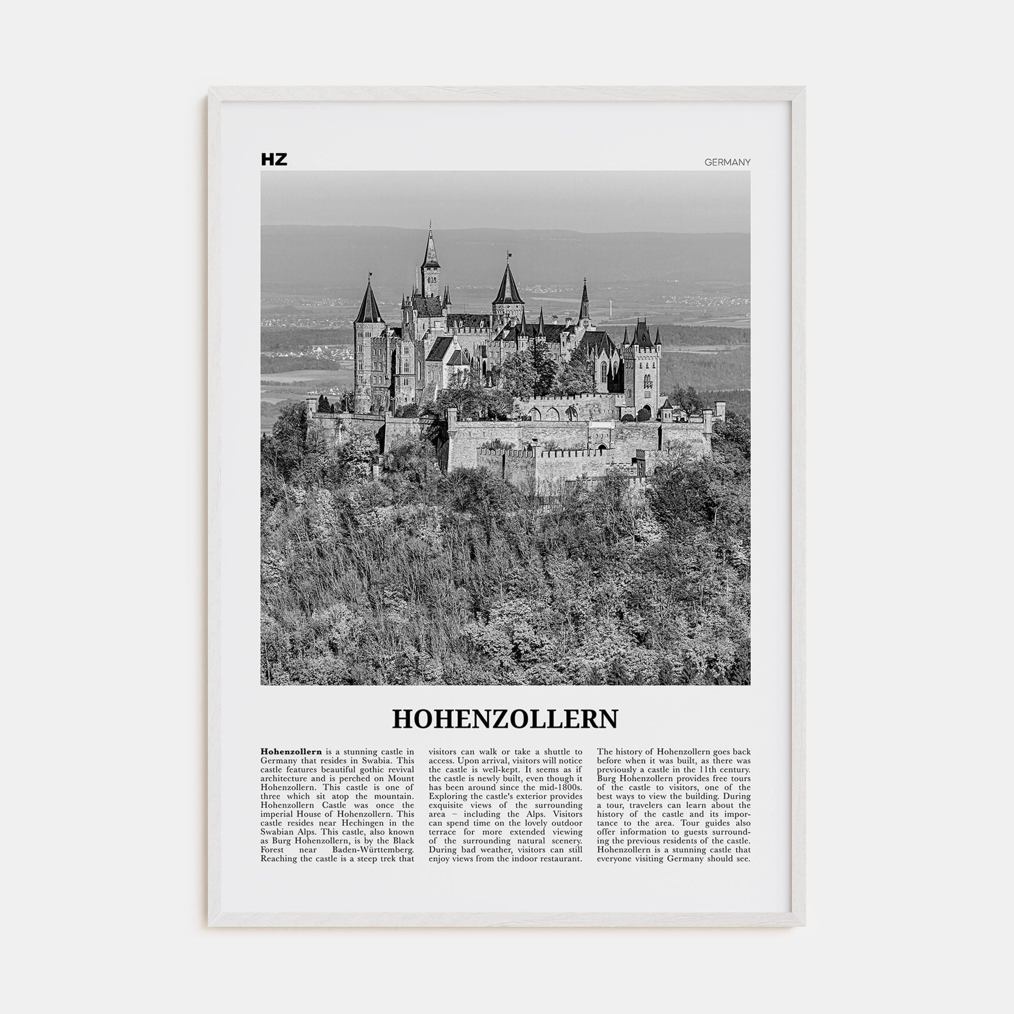 Hohenzollern Poster White Wood / 8x12 in Nbourhood Travel B&W Poster