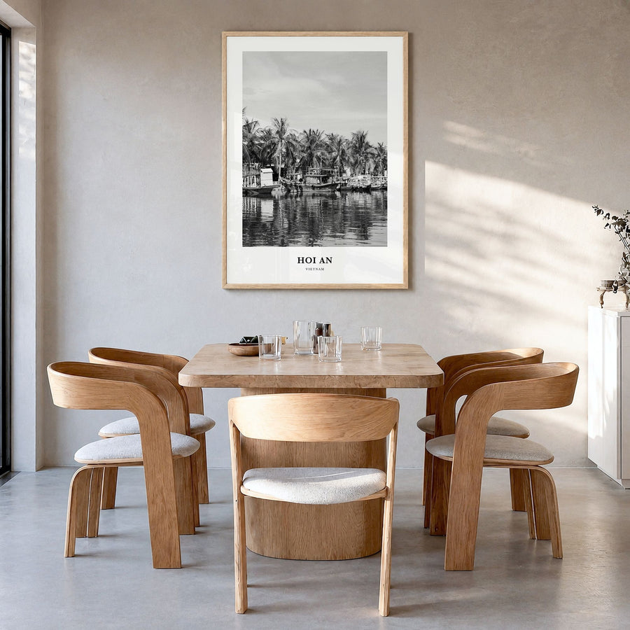 Hoi An Classic Poster in a natural wood frame, hanging in a dining room