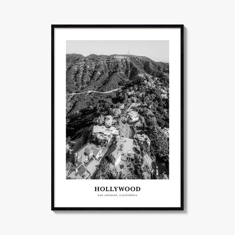 Hollywood black & white classic poster of Los Angeles, California – vertical wall art, unframed print shown in interior mocku