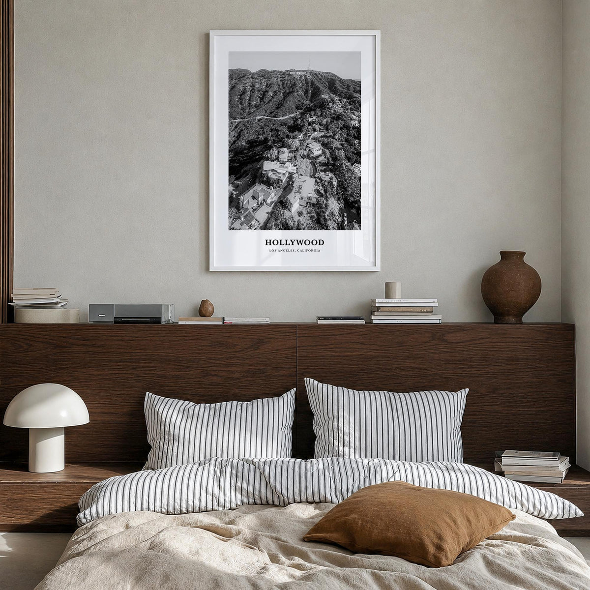 Hollywood black & white classic poster of Los Angeles, California – vertical wall art in white wood frame, hanging on wall