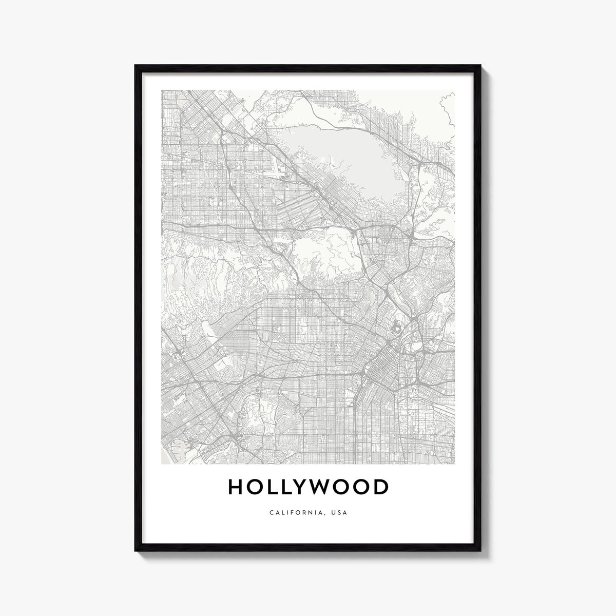 Hollywood black & white map poster of Los Angeles, California – vertical wall art, unframed print shown in interior mockup