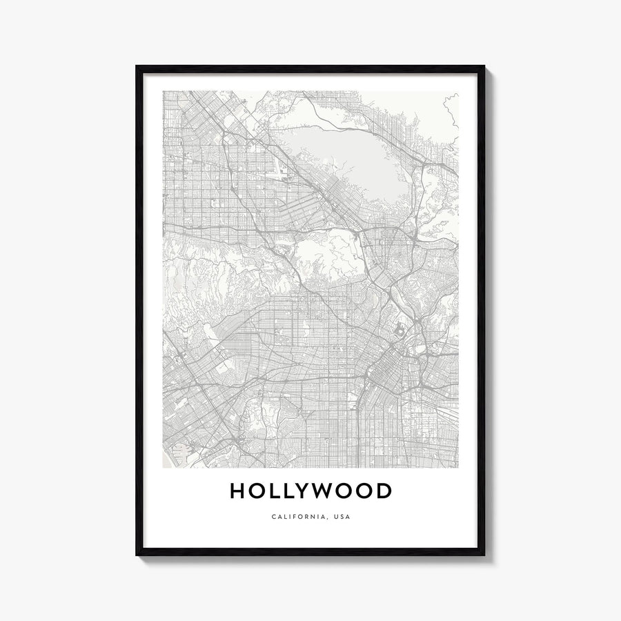 Hollywood black & white map poster of Los Angeles, California – vertical wall art, unframed print shown in interior mockup