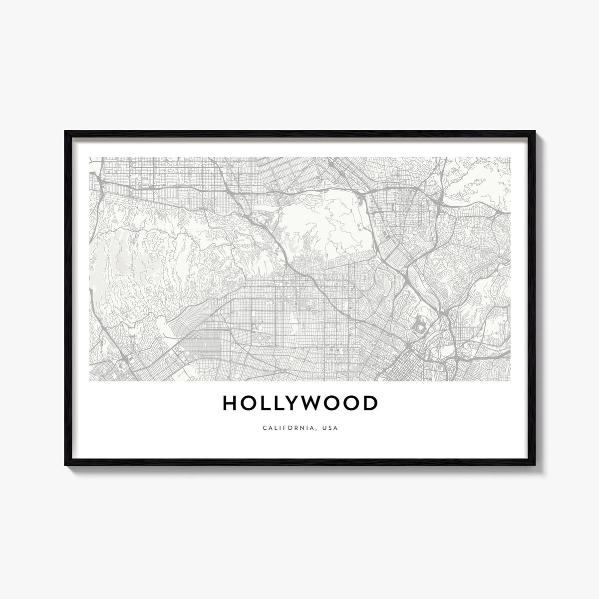 Hollywood black & white map poster of Los Angeles, California – horizontal wall art, unframed print shown in interior mockup