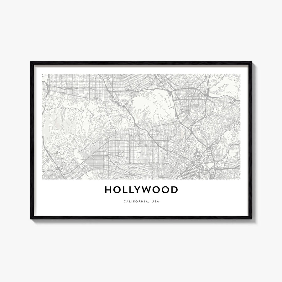Hollywood black & white map poster of Los Angeles, California – horizontal wall art, unframed print shown in interior mockup