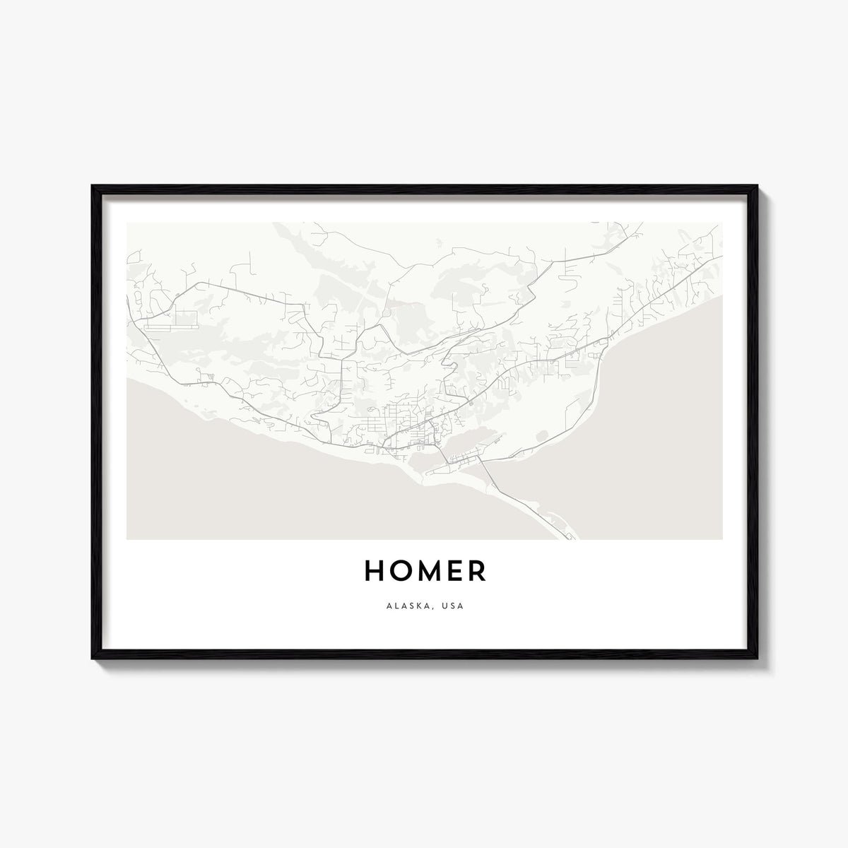 Homer black & white map poster of Alaska, USA – horizontal wall art, unframed print shown in interior mockup