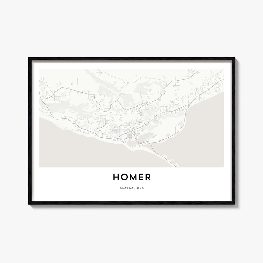 Homer black & white map poster of Alaska, USA – horizontal wall art, unframed print shown in interior mockup