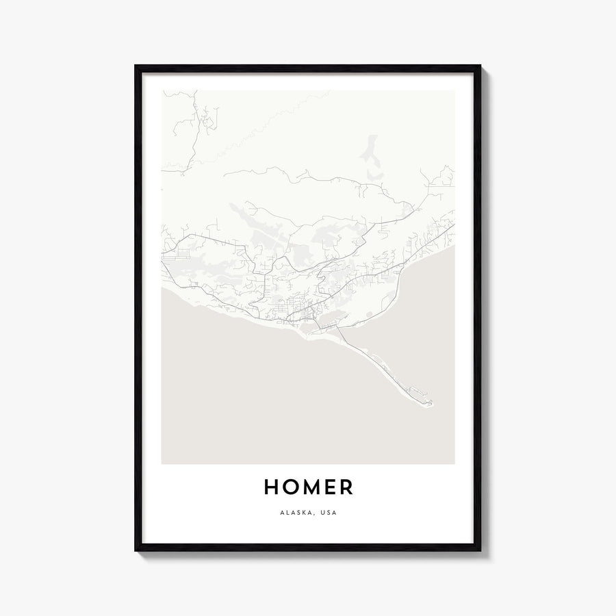 Homer black & white map poster of Alaska, USA – vertical wall art, unframed print shown in interior mockup