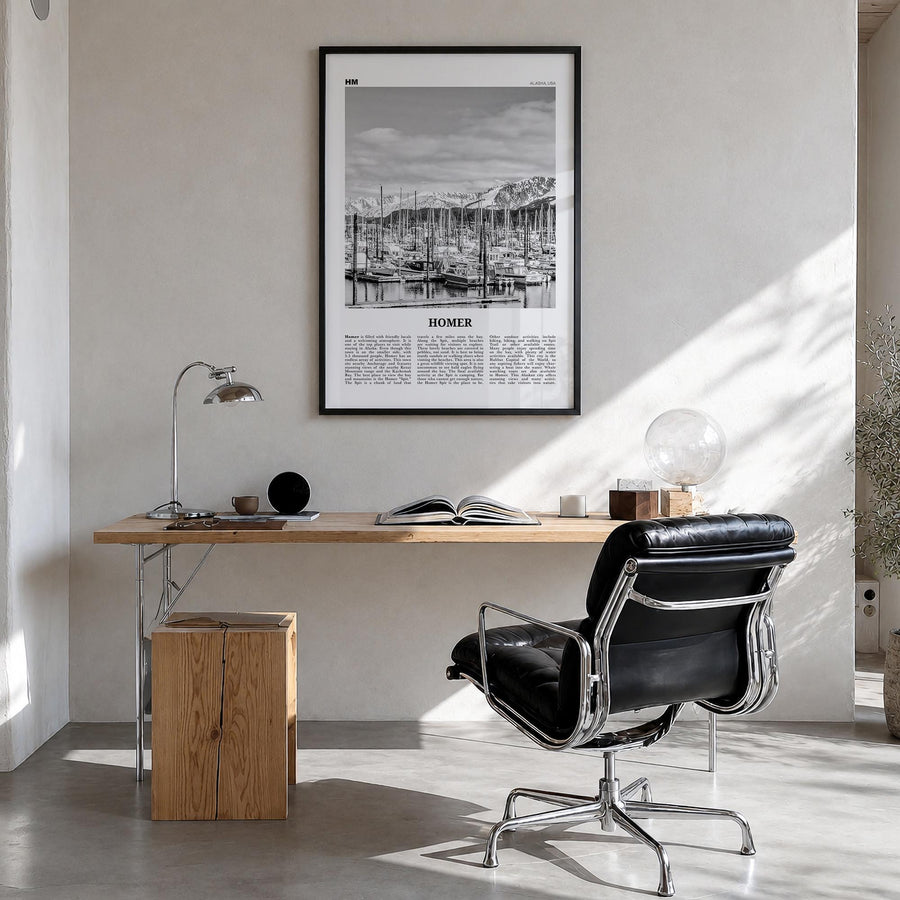 Homer black & white newspaper poster of Alaska, USA – vertical wall art in black wood frame, hanging on wall
