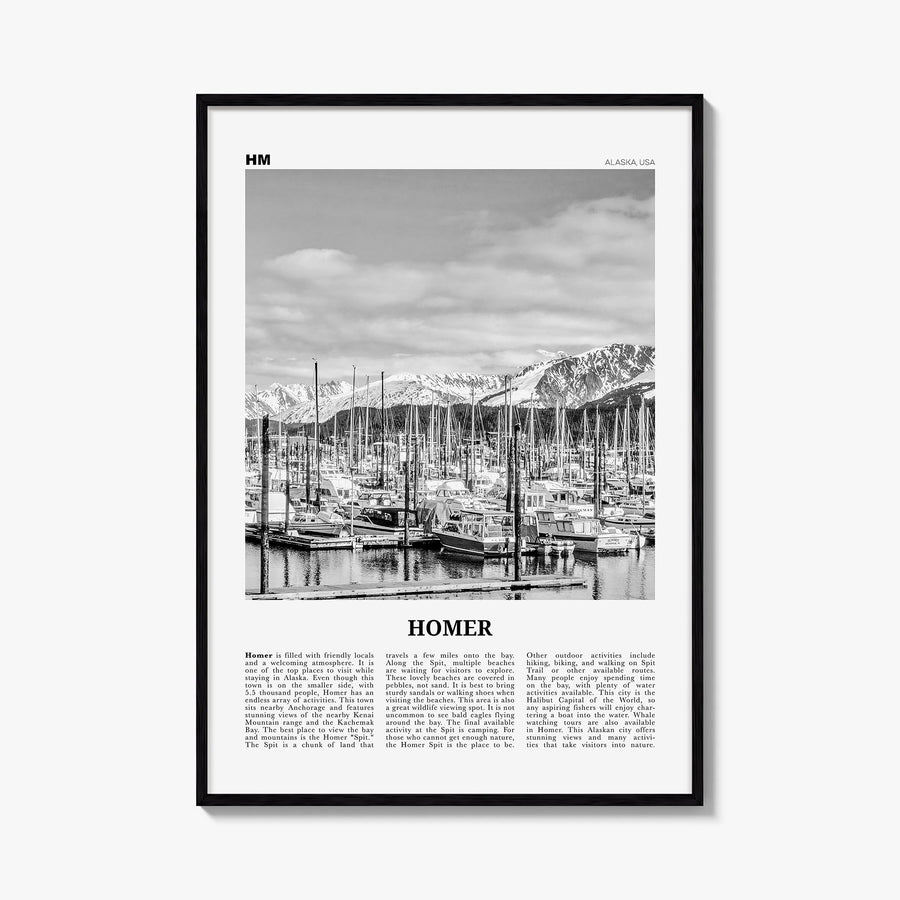 Homer black & white newspaper poster of Alaska, USA – vertical wall art, unframed print shown in interior mockup