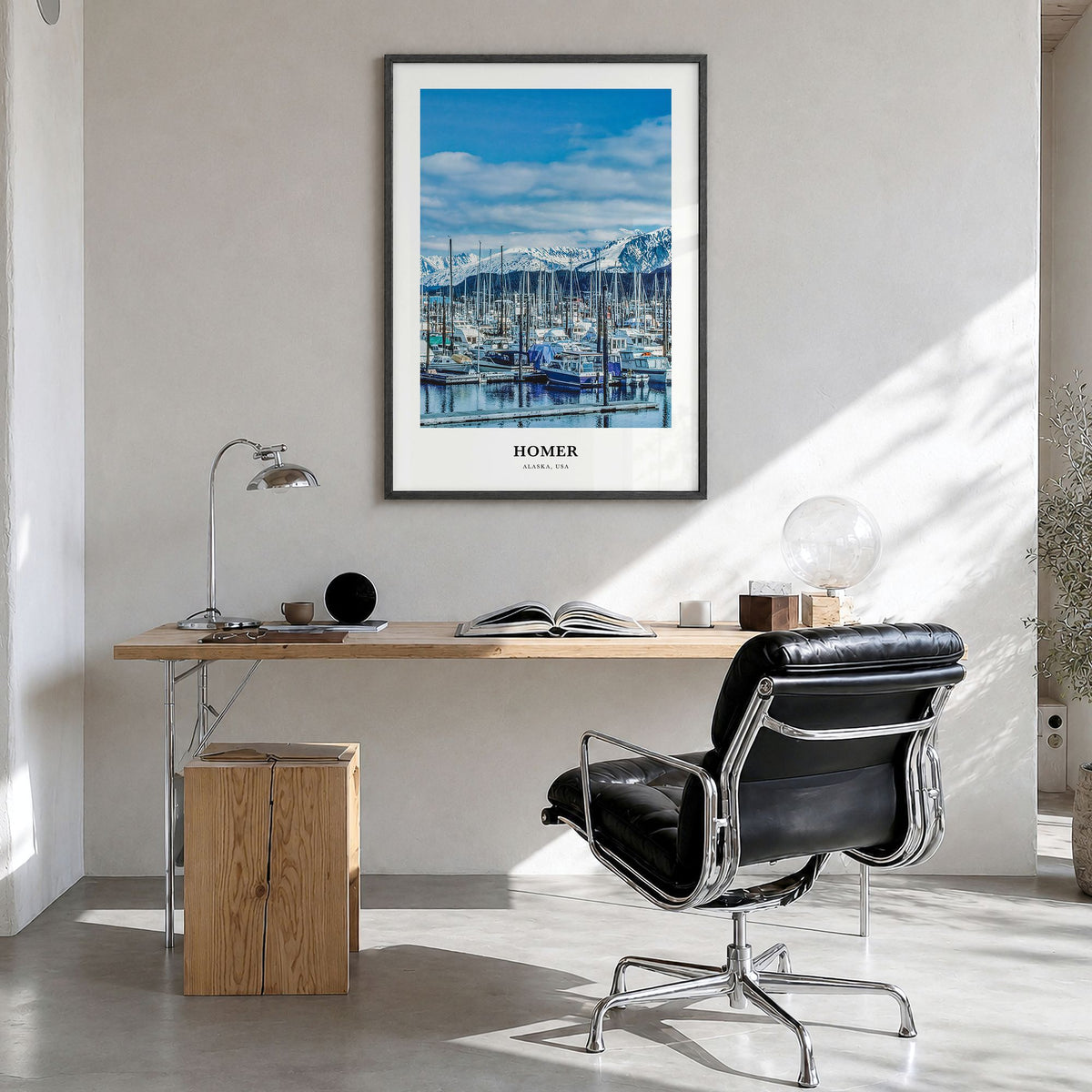 Homer Classic Poster in a black wood frame, hanging in a bright home office