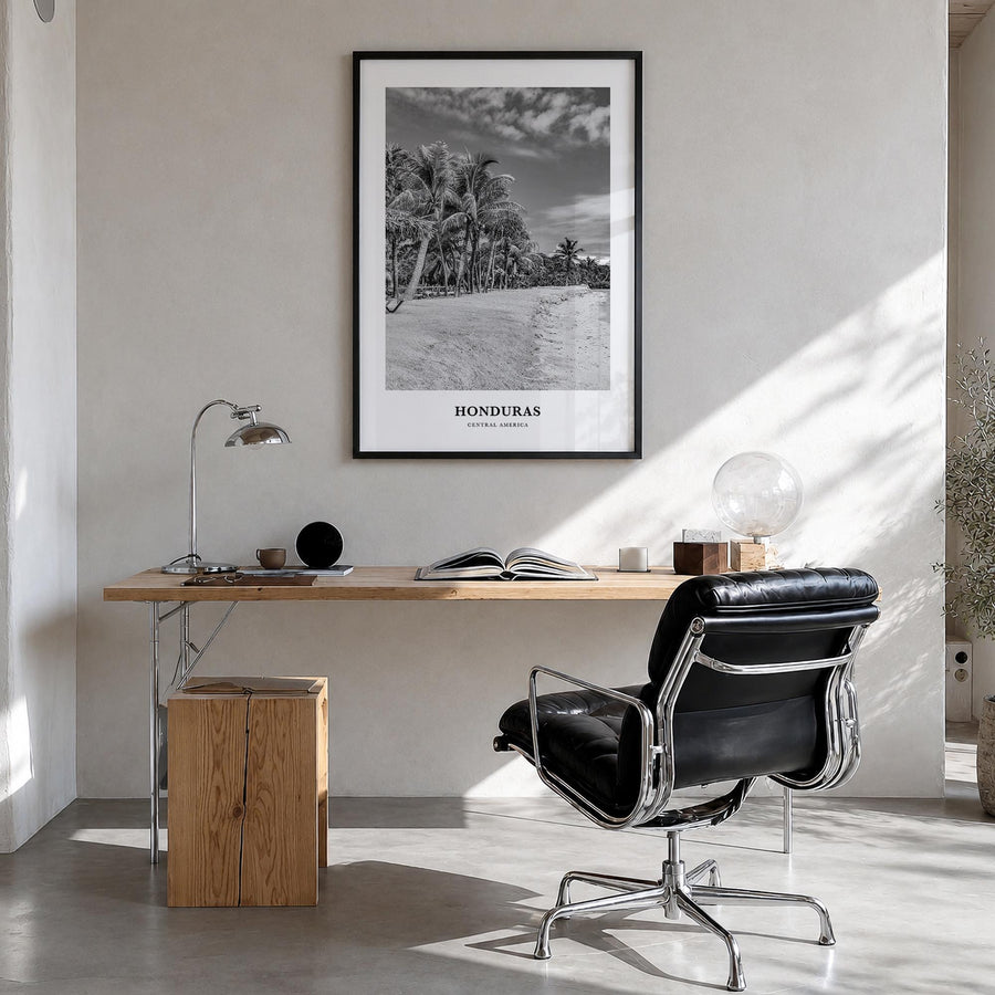 Honduras black & white classic poster of Central America – vertical wall art in black wood frame, hanging on wall