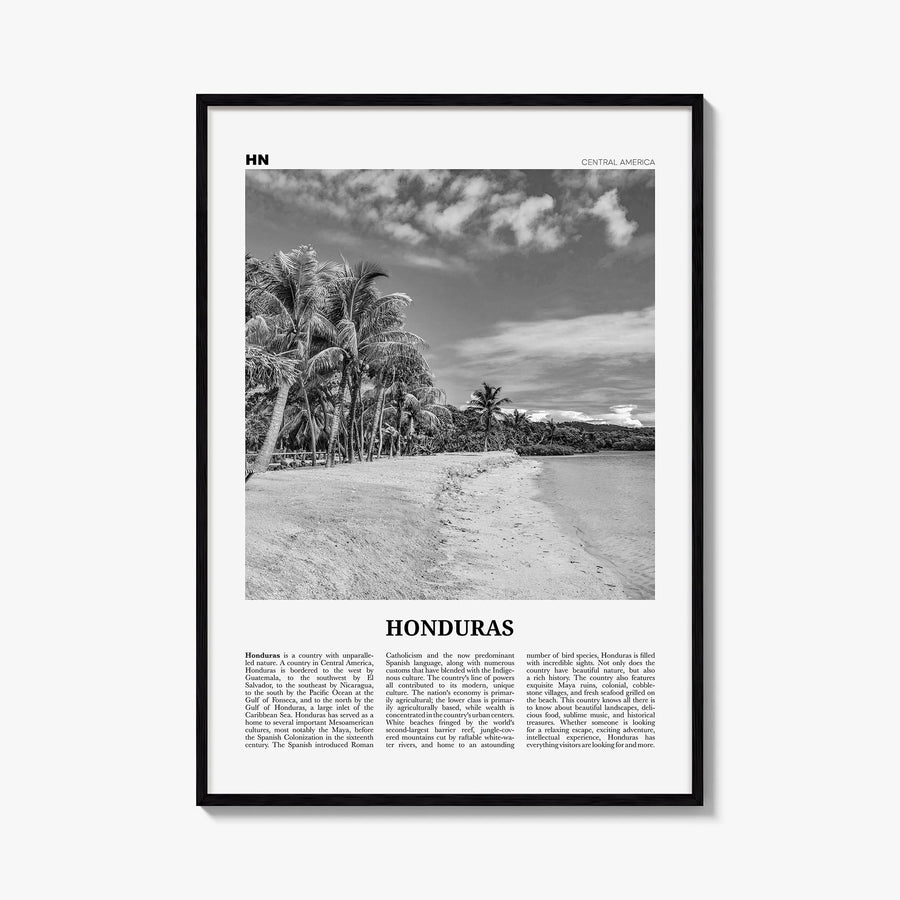 Honduras no. 1 black & white newspaper poster of Central America – vertical wall art, unframed print shown in interior mockup