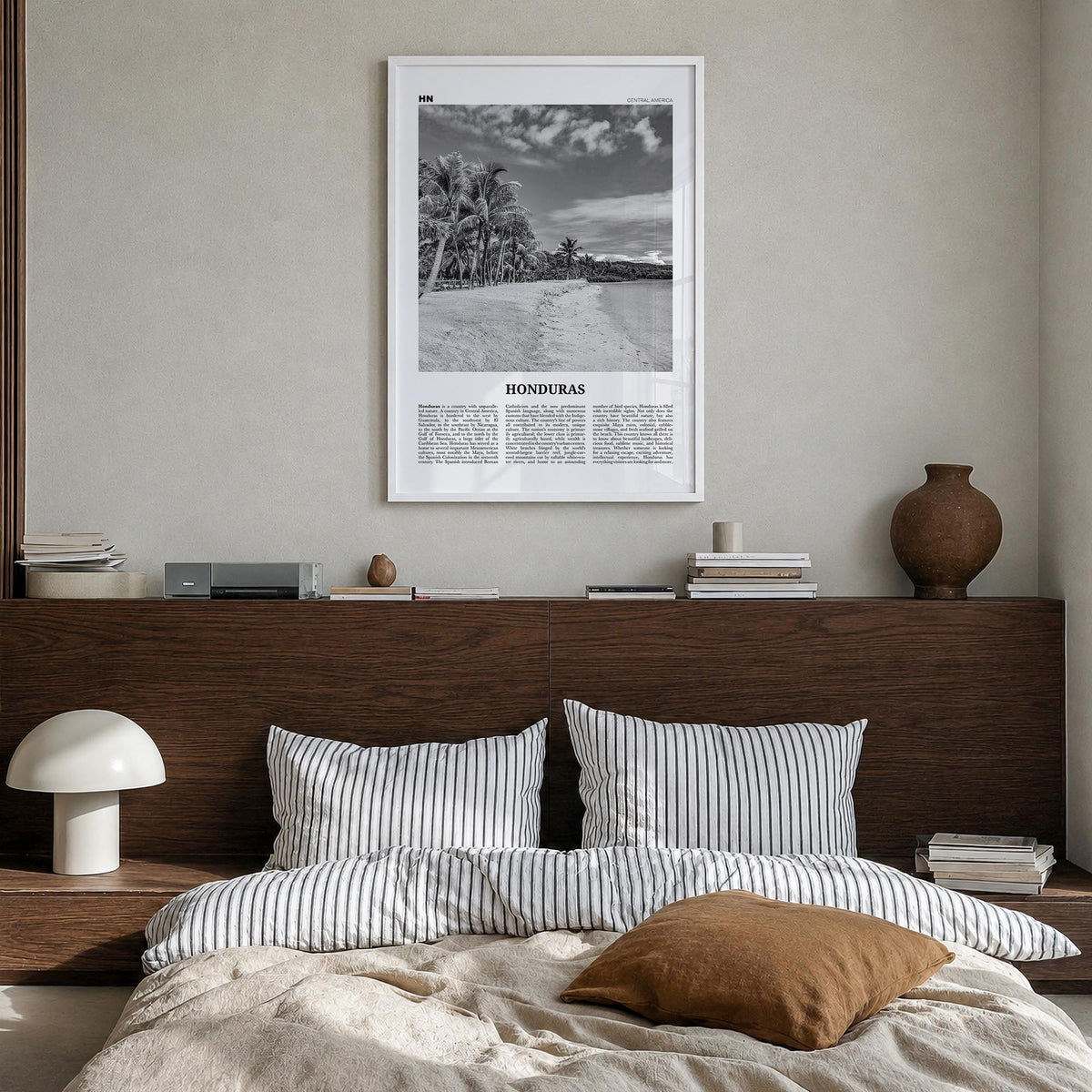 Honduras no. 1 black & white newspaper poster of Central America – vertical wall art in white wood frame, hanging on wall