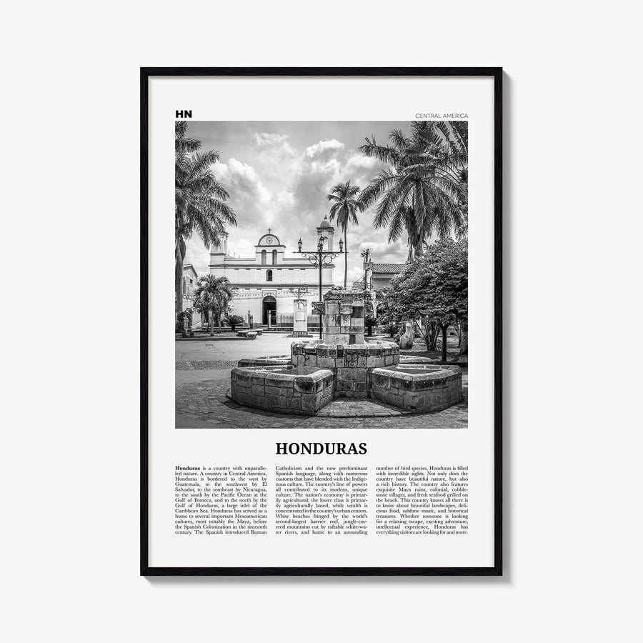 Honduras no. 2 black & white newspaper poster of Central America – vertical wall art, unframed print shown in interior mockup
