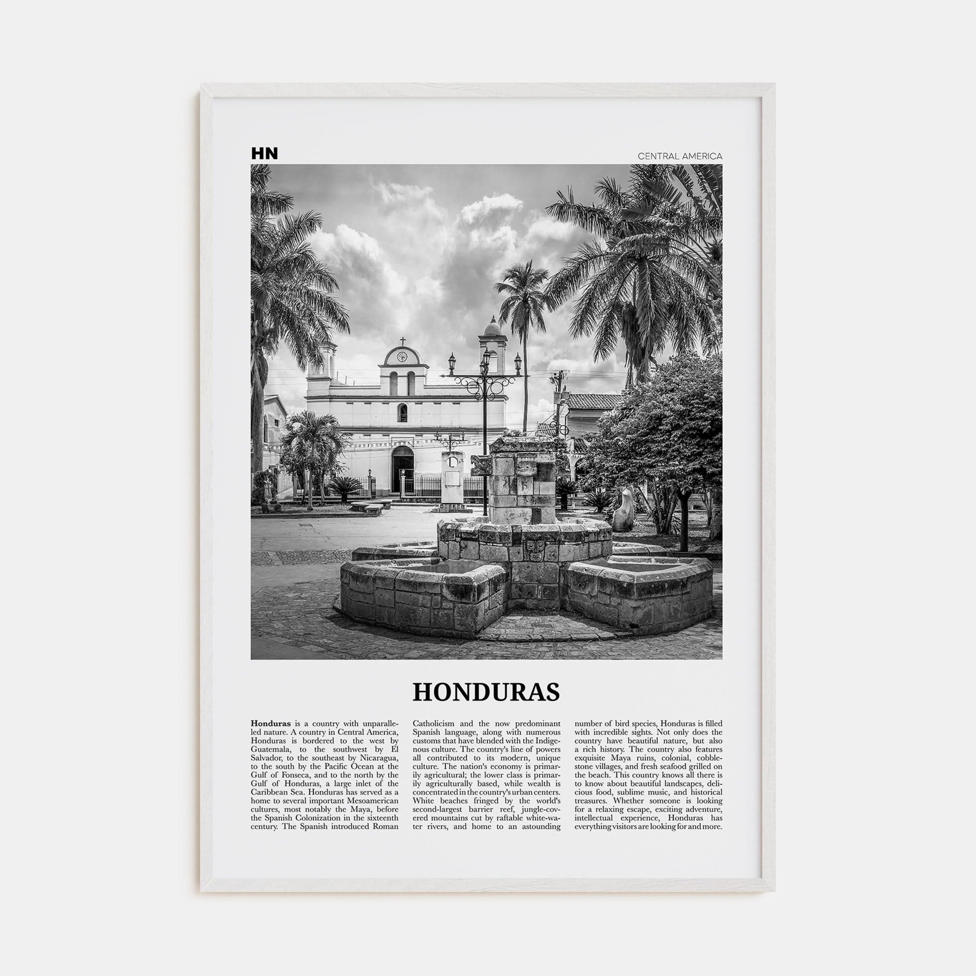 Honduras No 2 Poster White Wood / 8x12 in Nbourhood Travel B&W Poster