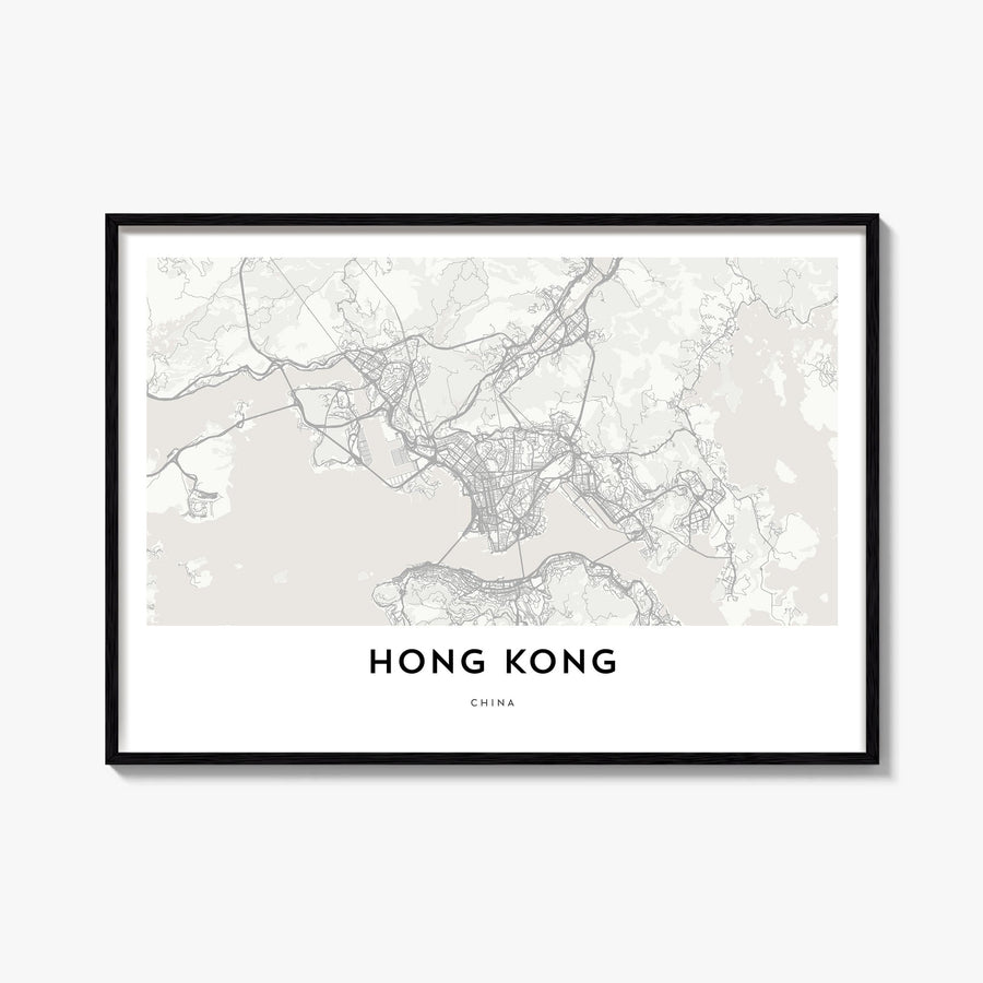 Hong Kong black & white map poster of Asia – horizontal wall art, unframed print shown in interior mockup