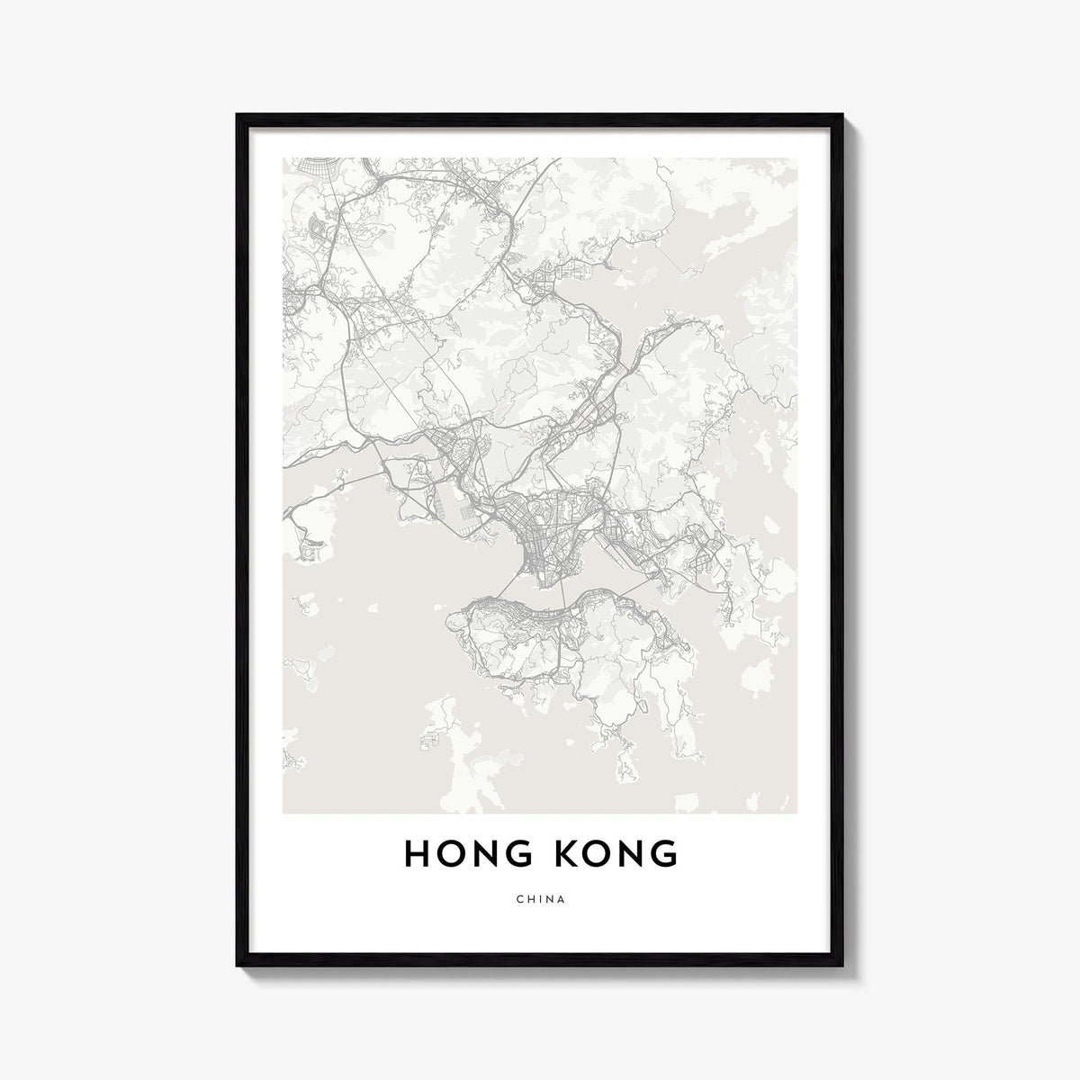 Hong Kong black & white map poster of Asia – vertical wall art, unframed print shown in interior mockup