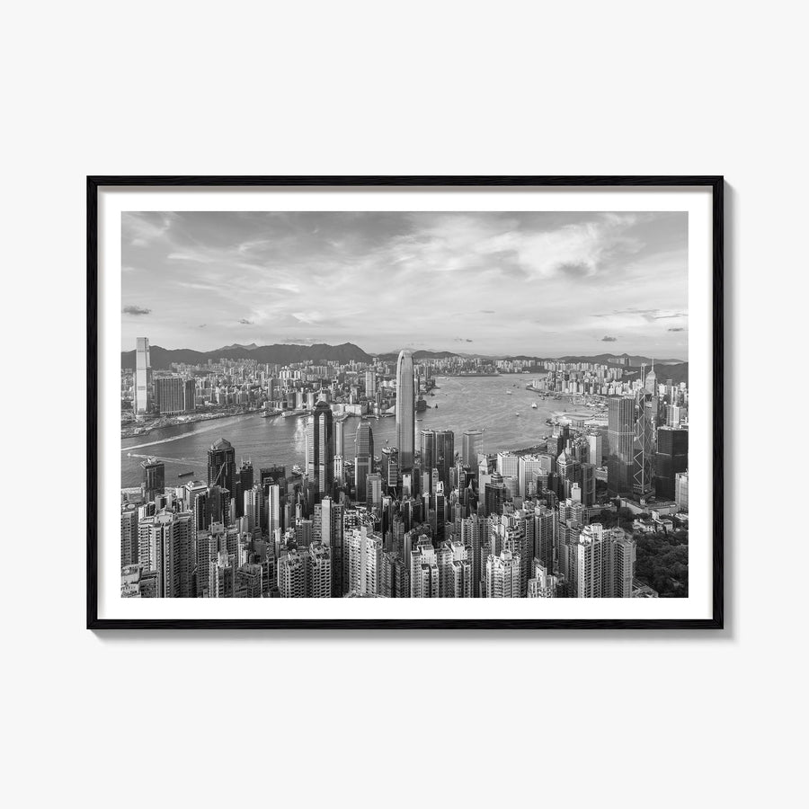 Hong Kong black & white photo poster of Asia – horizontal wall art, unframed print shown in interior mockup