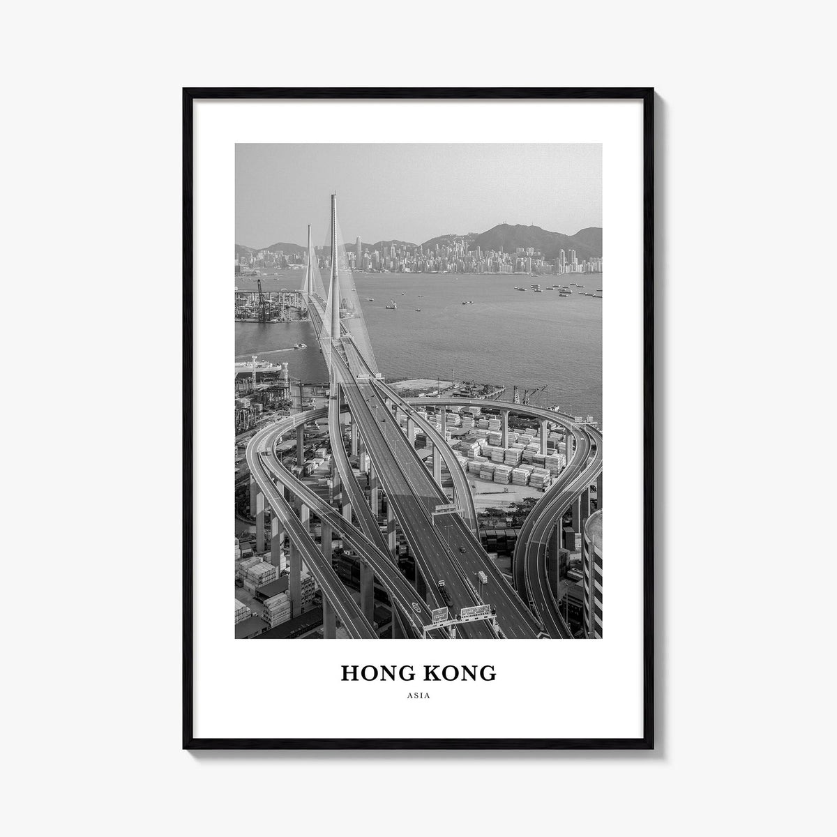 Hong Kong no. 1 black & white classic poster of Asia – vertical wall art, unframed print shown in interior mockup