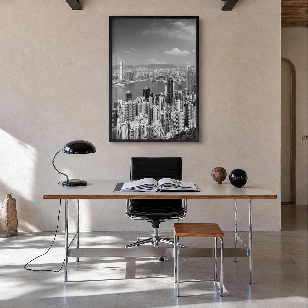 Hong Kong no. 1 black & white photo poster of Asia – vertical wall art in black wood frame, hanging on wall