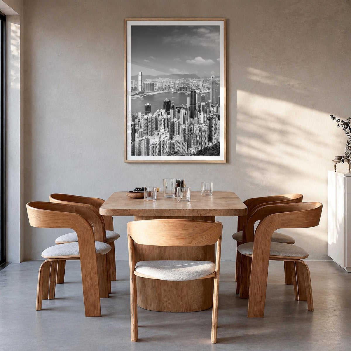 Hong Kong no. 1 black & white photo poster of Asia – vertical wall art in natural wood frame with white border, hanging on wa