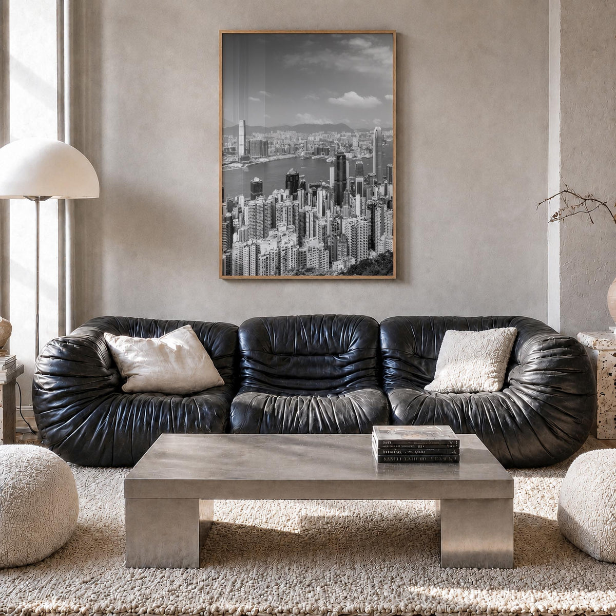 Hong Kong no. 1 black & white photo poster of Asia – vertical wall art in natural wood frame, hanging on wall